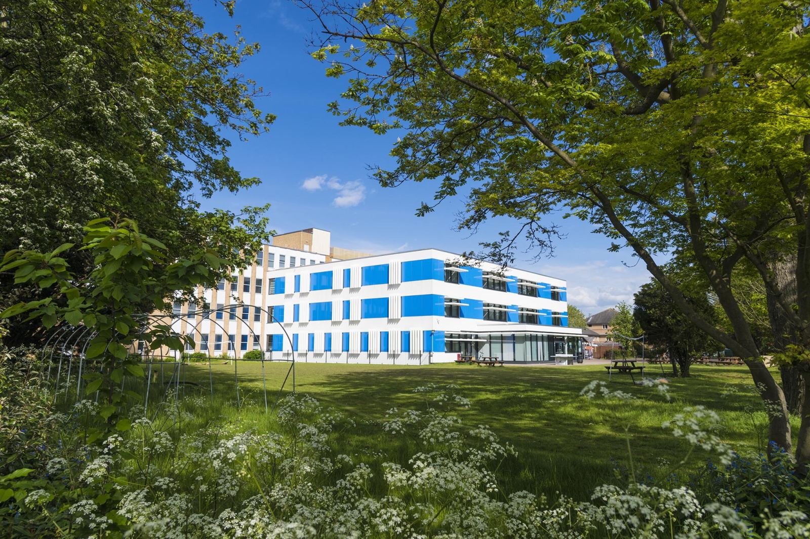 The CATS Cambridge college building, a modern glass-fronted block set behind trees and lawns